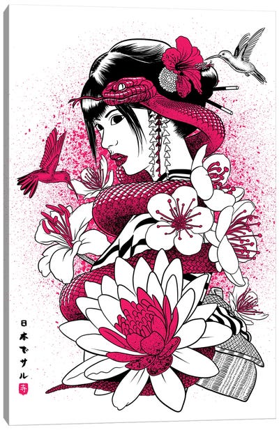 Geisha With Pink Snake Canvas Art Print - Geisha