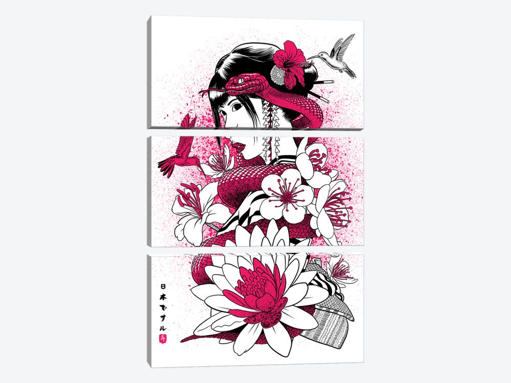 Geisha With Pink Snake by Alberto Perez 3-piece Canvas Wall Art