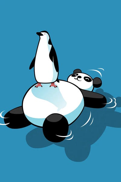 Penguins: Penguin On Top Of Kawaii Panda Bear by Alberto Perez