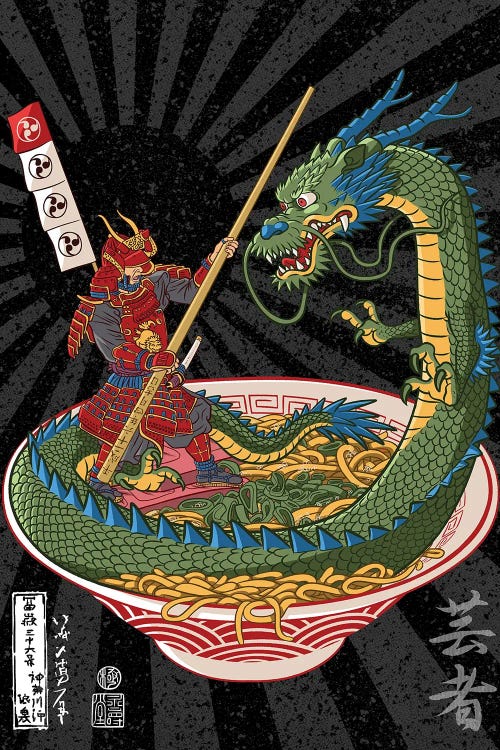 Samurai Battles Dragon Over Ramen by Alberto Perez wall art