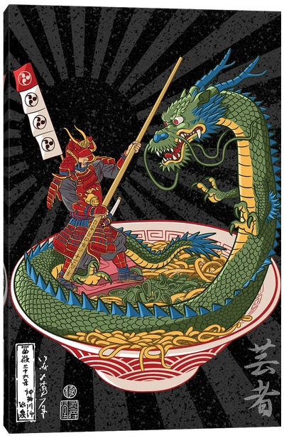 Samurai Battles Dragon Over Ramen Canvas Art Print - Asian Cuisine Art