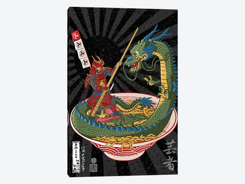 Samurai Battles Dragon Over Ramen by Alberto Perez 1-piece Canvas Wall Art