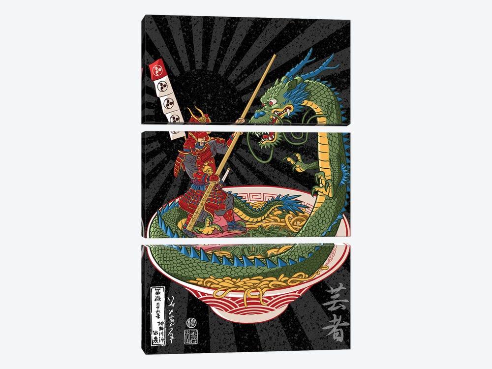 Samurai Battles Dragon Over Ramen by Alberto Perez 3-piece Canvas Artwork