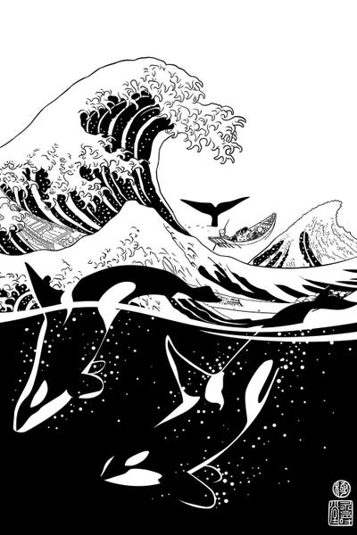 Alberto Perez: Japanese Wave With Killer Whales by Alberto Perez
