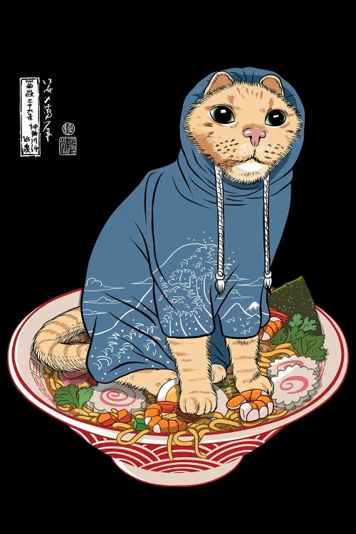 Japanese Cat On Ramen by Alberto Perez wall art