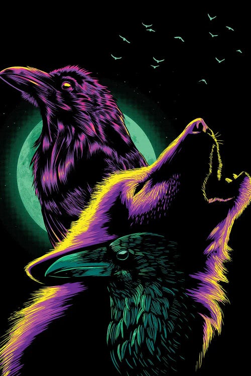 Crows And Wolf Howling Under The Moon