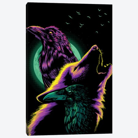 Crows And Wolf Howling Under The Moon Canvas Print #APZ651} by Alberto Perez Canvas Artwork