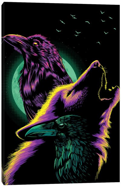 Crows And Wolf Howling Under The Moon Canvas Art Print - Crow Art