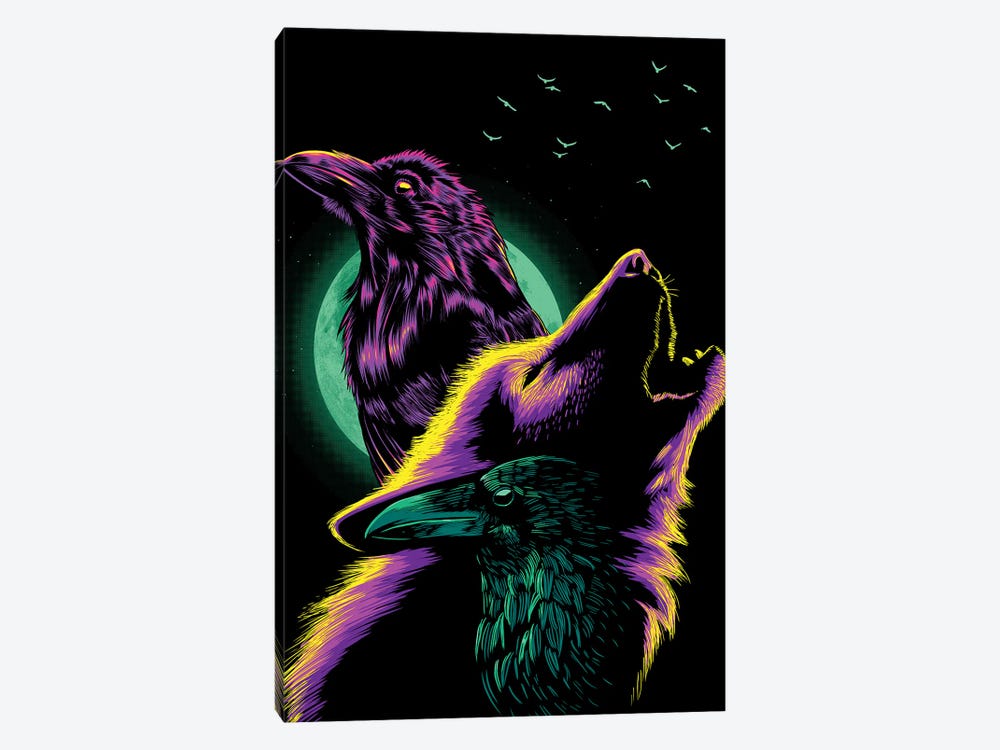 Crows And Wolf Howling Under The Moon by Alberto Perez 1-piece Canvas Print