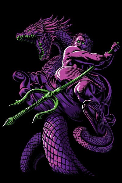 Alberto Perez: Poseidon With Trident And Dragon by Alberto Perez