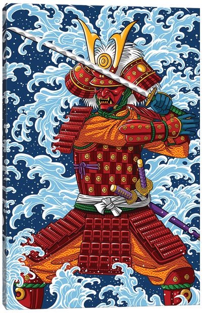 Samurai Battling Under The Tsunami Canvas Art Print - Samurai Art
