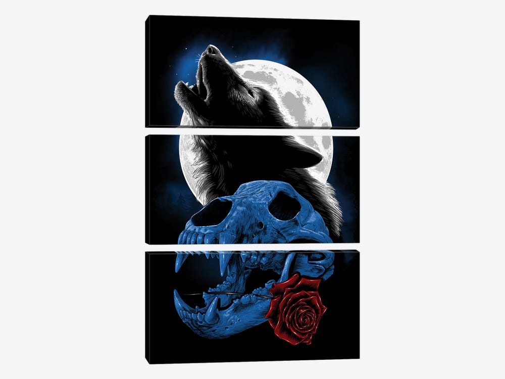 Wolf Howling Under The Moon by Alberto Perez 3-piece Canvas Print
