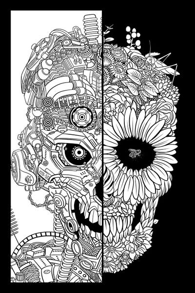 Black & White Florals: Floral Mechanical Skull by Alberto Perez