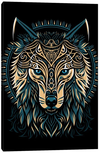 Tribal Golden Shield Wolf Canvas Art Print - Wolf Art