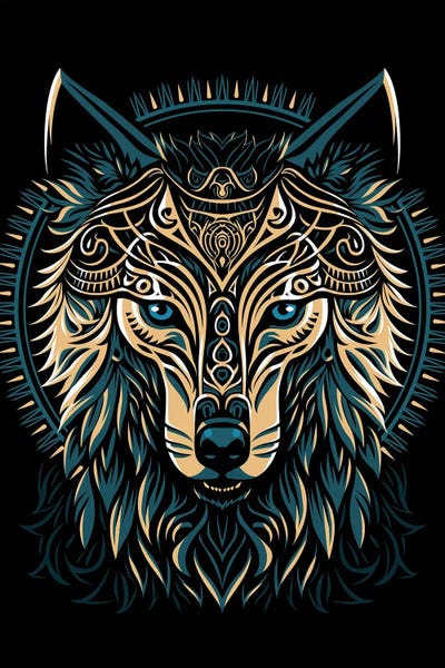 Alberto Perez: Tribal Golden Shield Wolf by Alberto Perez