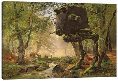 Abandoned AT-ST In The Forest Canvas Art Print - Fantasy, Horror & Sci-Fi Art