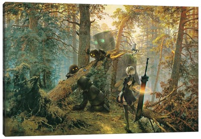 Robots Playing In A Pineforest Canvas Art Print - Ars Fantasio