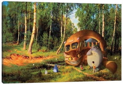 Catbus And Friends In The Birchforest Canvas Art Print - Totoro