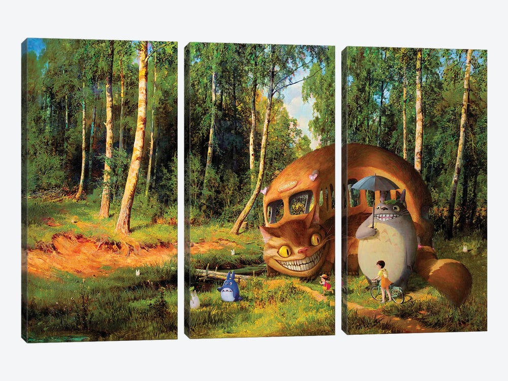 Catbus And Friends In The Birchforest by Ars Fantasio 3-piece Canvas Art Print