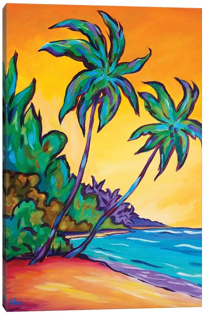 Two Palms At Twilight Canvas Art Print - Beach Sunrise & Sunset Art