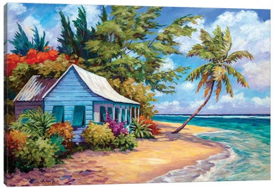 Cottage At The Water's Edge Canvas Art Print - Tropical Beach Art
