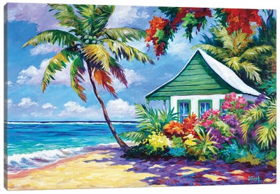 Green Cottage On The Beach Canvas Art Print - Beach Décor