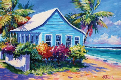 Blue Cottage On The Beach by John Clark gallery poster