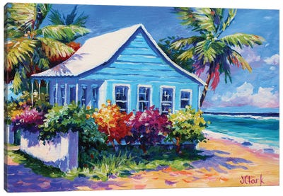 Blue Cottage On The Beach Canvas Art Print - John Clark