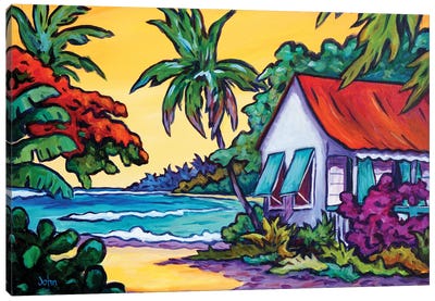 Cottage With Red Roof Canvas Art Print - Tropical Beach Art