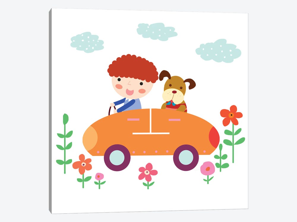 Boy And Dog Driving by Art Mirano 1-piece Canvas Art Print