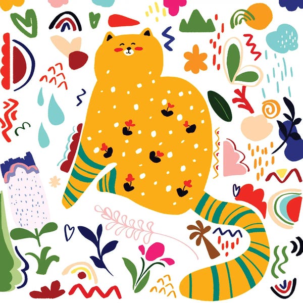 Art Mirano: Smiling Boho Abstract Cat by Art Mirano