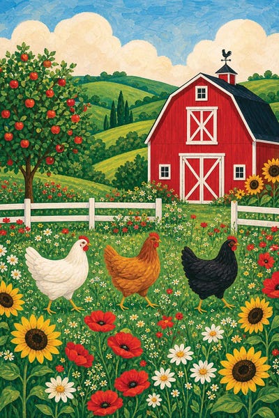 Art Mirano - Canvas Prints: Cottagecore Chickens by Art Mirano