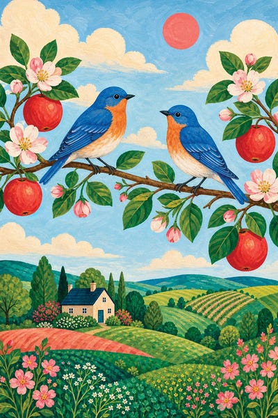 Art Mirano - Canvas Prints: Bluebirds Apple Orchard by Art Mirano