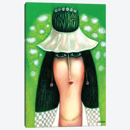 Brunette On A Green Background With A Hat Canvas Print #ARM438} by Art Mirano Canvas Wall Art
