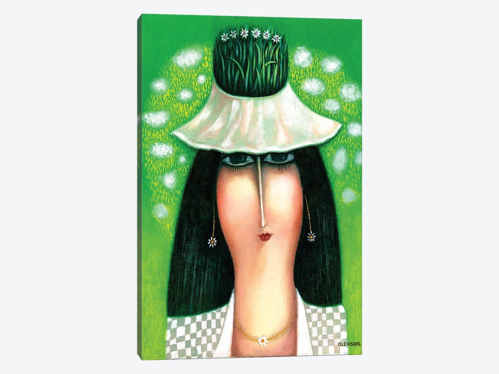 Brunette On A Green Background With A Hat by Art Mirano 1-piece Canvas Wall Art
