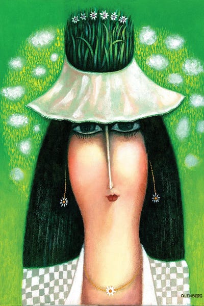 Art Mirano: Brunette On A Green Background With A Hat by Art Mirano