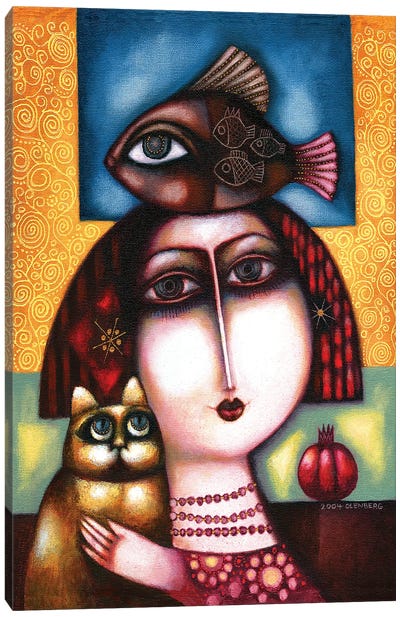 Woman, Cat, Fish And Pomegranate Canvas Art Print - Pomegranate Art
