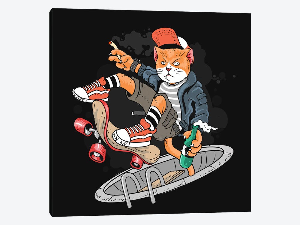 Cat and skateboard by Art Mirano 1-piece Canvas Artwork