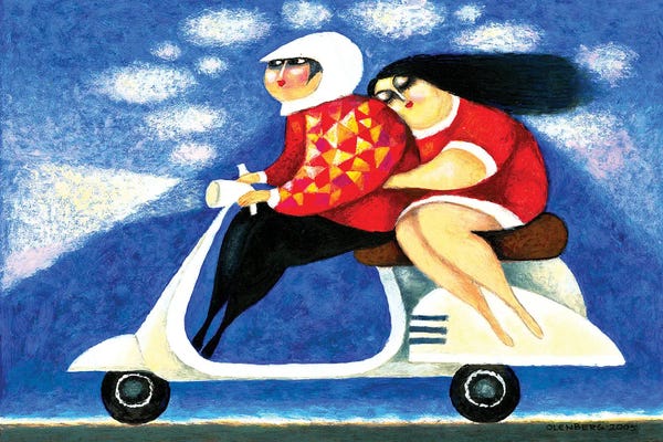 Motorcycles: Girl with a man on a motorcycle by Art Mirano