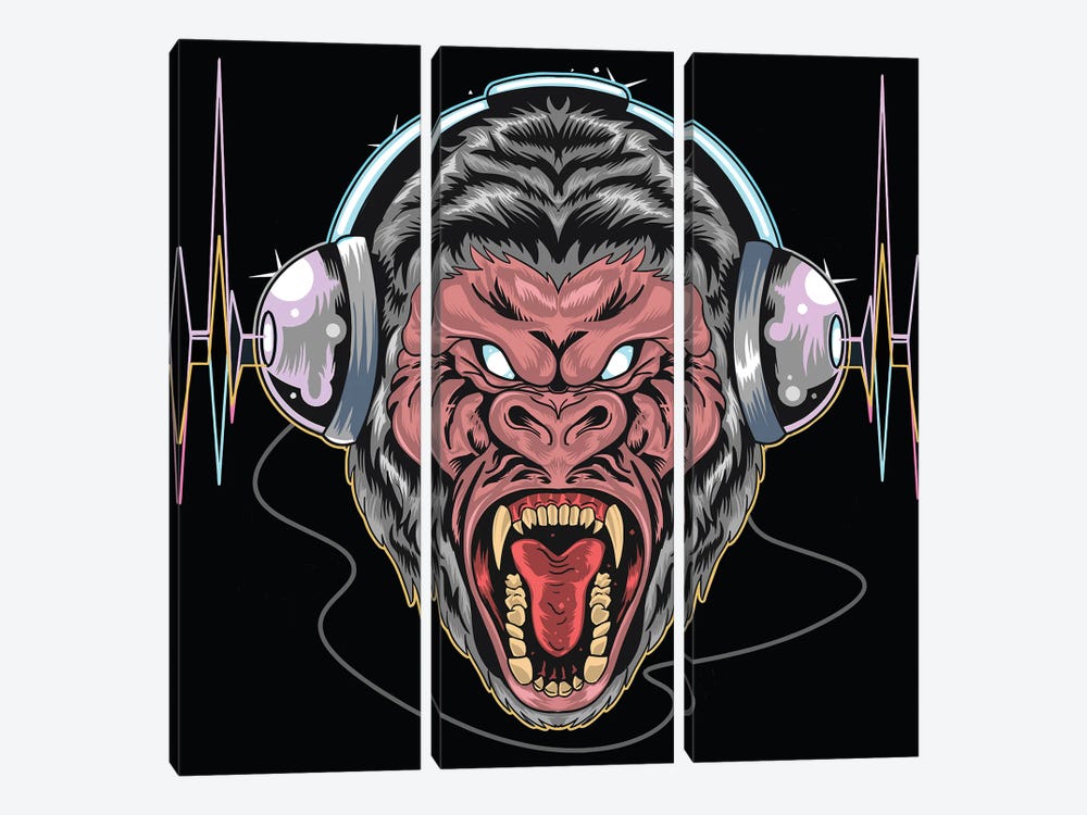 Gorilla with headphones by Art Mirano 3-piece Canvas Wall Art