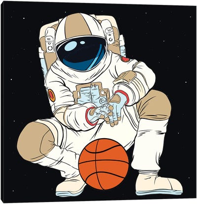 Playing Basketball Astronaut Canvas Art Print - Basketball Art