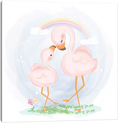 Mommy And Baby Flamingo Canvas Art Print - Flamingo Art
