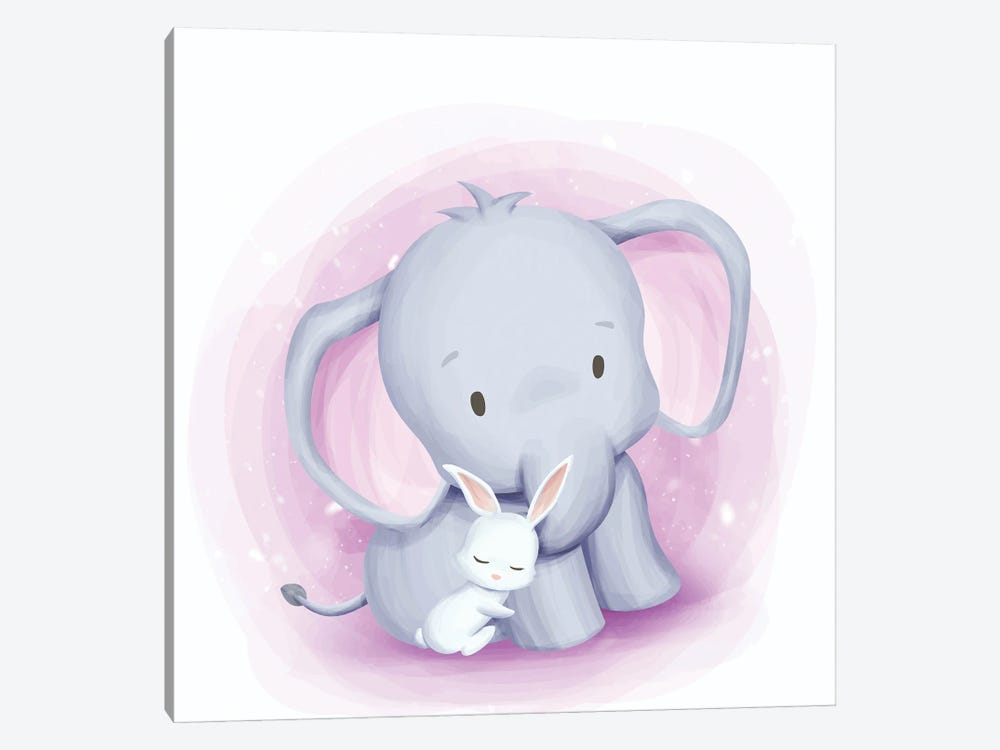 Baby Elephant And Baby Rabbit by Art Mirano 1-piece Canvas Artwork