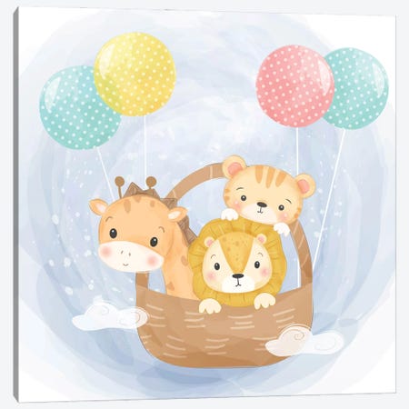 Baby Animals Flying With Balloons For Kids Room Canvas Print #ARM568} by Art Mirano Canvas Wall Art
