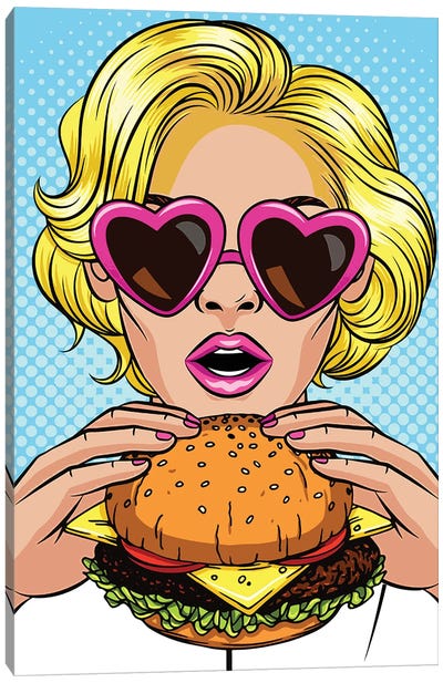 Blonde With A Hamburger Canvas Art Print - Pop Art for Kitchen