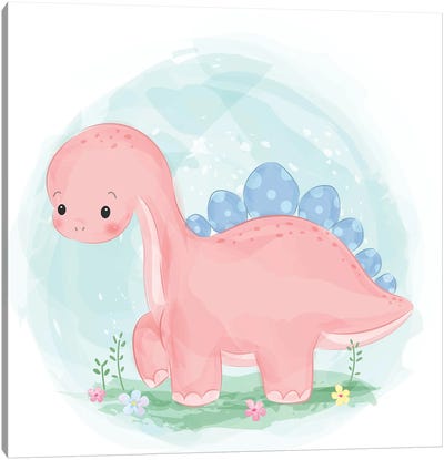 Pink Dinosaur Illustration Canvas Art Print - Kids Dinosaur Art
