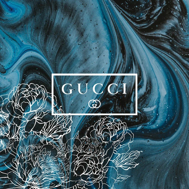 Framed Canvas Art (Champagne) - Blue Black Marble Abstract Fashion Art with Flowers Gucci by Art Mirano ( Fashion > Fashion Brands > Gucci art) 