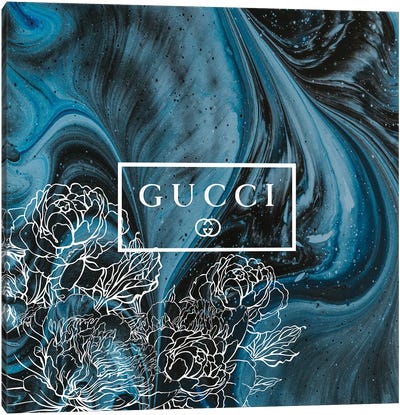 Blue Black Marble Abstract Fashion Art With Flowers Gucci Canvas Art Print - Gucci Art