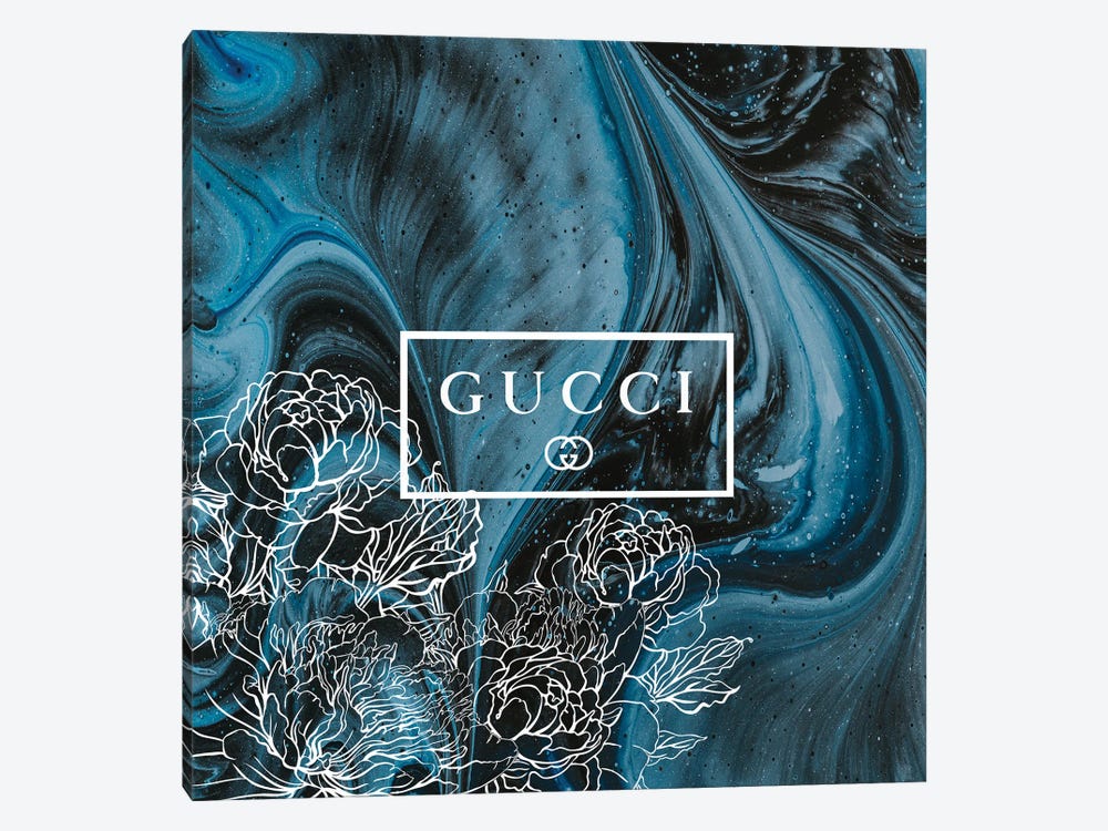 Blue Black Marble Abstract Fashion Art With Flowers Gucci 1-piece Canvas Art