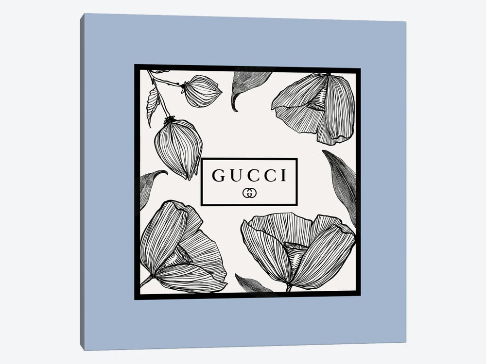 Art Mirano Canvas Art Prints - Blue Frame Gucci Flowers ( Fashion > Fashion Brands > Gucci art) - 37x37 in